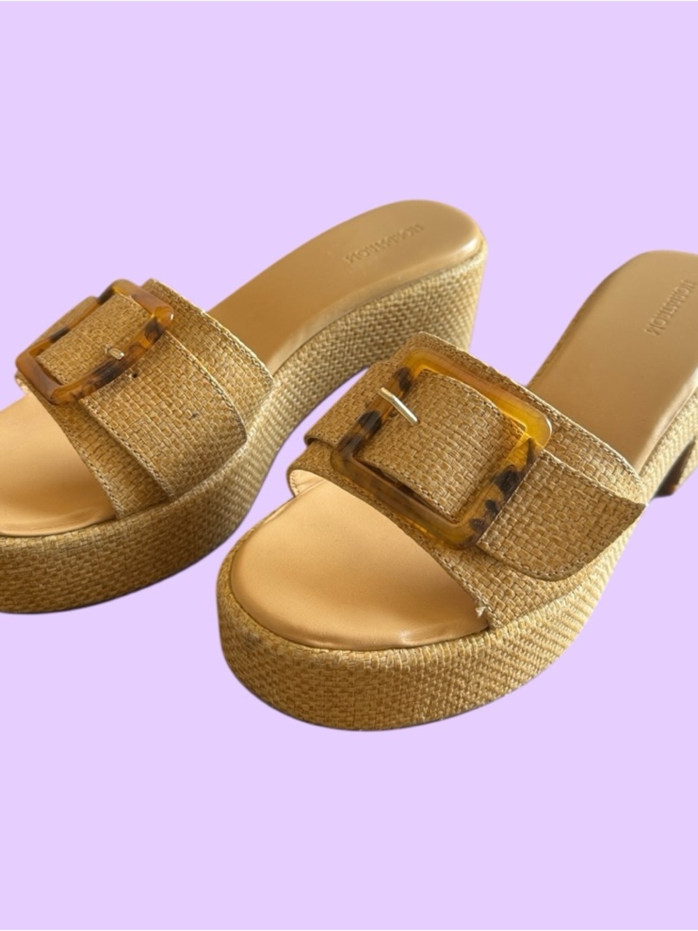 Nordstrom Tan Raffia Platform Slide Mules with Tortoiseshell Buckle